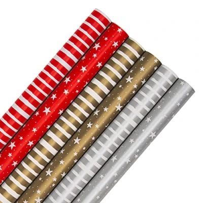 Afbeelding van Hallmark Kerstcadeaupapier, 6 stuks, 3 m elk, 2 feestelijke motieven, sterren, strepen, rood, goud, zilver