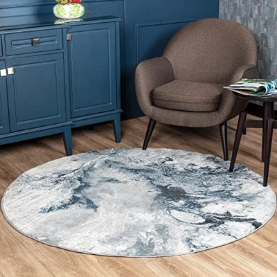 Afbeelding van SURYA Vloerkleed Woonkamer, Slaapkamer Rond Modern Abstract Tapijt EMMA Blauw/Grijs Ø 160 cm
