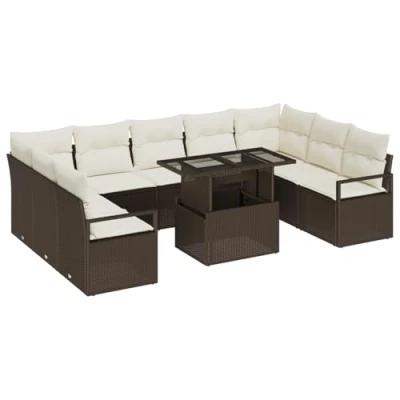 Afbeelding van vidaXL 10 delige Tuin Sofa Set met Kussens Bruin Poly Rattan, 2 Zits Rattan