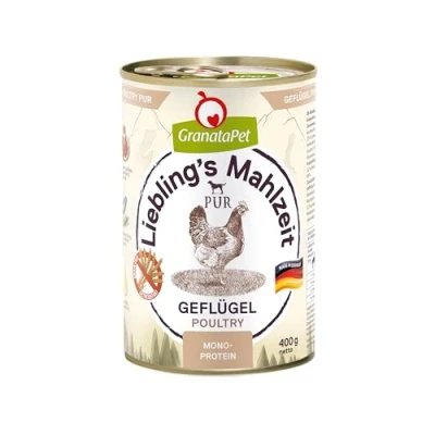 Afbeelding van GranataPet Liebling&#039;s Mahlzeit PUR gevogelte, natte hondenvoer, voedsel voor honden zonder granen en toegevoegde suikers, complete voeding met veel vlees &amp; hoogwaardige oliën, 6 x 400 g