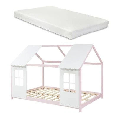 Afbeelding van Kinderbed Tostedt huisbed met matras 140x200 cm roze en wit [en.casa]