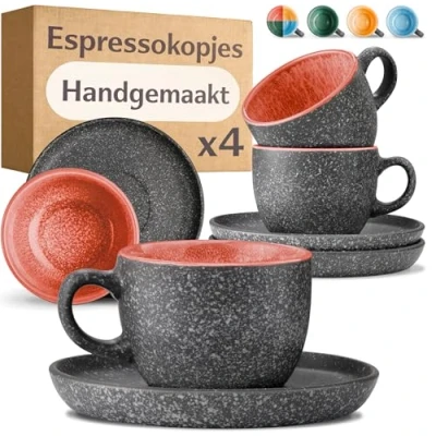 Afbeelding van Cosumy Set van 4 Espressokopjes Keramiek met Schoteltjes 90 ml Dikwandig Steengoed Handgemaakte Reactieve Glazuur Houdt Warmte Lang Vast (Rood)