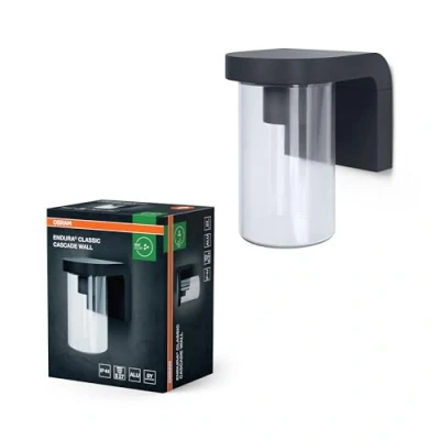 Afbeelding van OSRAM buitenwandlamp E27 helder glas, modern design aluminium in donkergrijs, IP44 bescherming, schokbestendig IK03, wandlamp voor terras en balkon