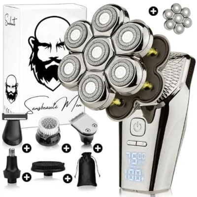 Afbeelding van 6 in 1 Scheerapparaat Mannen + Extra Scheerkop Trimmer Tondeuse Sansbeauté® SkullSharp PRO MAX Electric Face &amp; Head Shaver Skull Hoofd Kaal Scheren Nat Droog Elektrisch