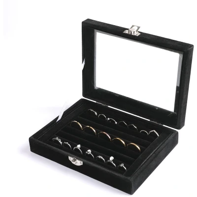Afbeelding van Frebeauty Ringen/Oorbellen Organizer Tray met Transparante Deksel, 7 Vakken, Fluwelen Lade inzetstuk, Sieraden Opbergdoos, Display Case, Sieradendoos, Cadeau (Zwart, Vakken)