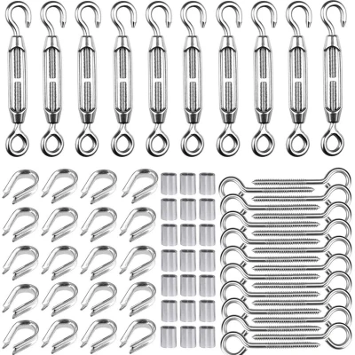 Afbeelding van Staalkabel 2 mm kabelspannerset, 304 roestvrijstalen hekspanner draadspanner, 10 stuks spanschroef M5, 20 oogschroeven, 40 krimplus, vingerhoeden, voor staaldraad, waslijn