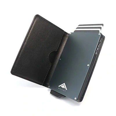 Afbeelding van STEALTH Wallet Slanke Lichtgewicht Minimalistische Kaarthouder Portemonnee Compacte RFID/NFC Blokkerende Pop up Portemonnees Kaarthouders met Geschenkdoos (Grijs Aluminium Zwart Leer)