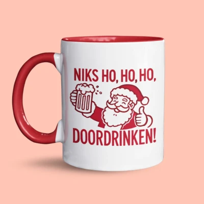 Afbeelding van NietMokken.nl Grappige kerstmok met tekst Niks ho, DOORDRINKEN! Leuk als cadeau voor kerst en feestdagen Keramische beker 325ml Koffietas 11 oz Beide zijden bedrukt Vaatwas magentronbestendig