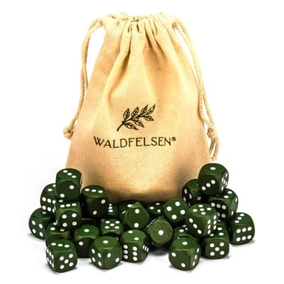 Afbeelding van Waldfelsen 6, 12, 20, 30 of 50 hoogwaardige houten kubussen van echt beukenhout, 16 mm standaard dobbelstenen met stoffen zak, kubusset (mosgroen, stuks)
