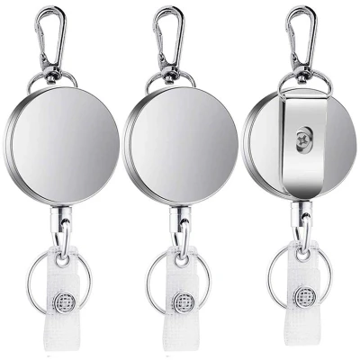 Afbeelding van 3 delige intrekbare sleutelhanger met riemclip en stalen spiraalketting badgehouder zilver