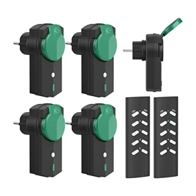 Afbeelding van UCOMEN Stopcontactset voor buiten met radiobediening (spatwaterdicht, IP44), 5x op afstand bedienbare stopcontacten + 2x afstandsbediening, 3680 Watt