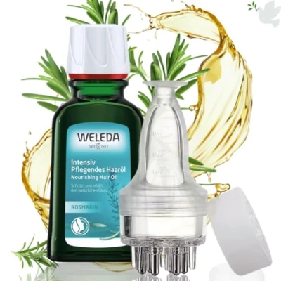 Afbeelding van haarolie applicator compatibel met WELEDA Bio rozemarijn haarbehandeling rozemarijnolie bevordert de natuurlijke haargroei en een gezonde hoofdhuid. Haarverzorging voor broos