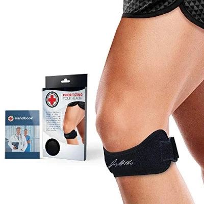 Afbeelding van Door een arts ontwikkelde patellapeesband / knieband brace en handboek patellapeesontsteking (springersknie), Pfps (lopersknie), itbs, chondromalacie, patellar tracking, zwart, enkel