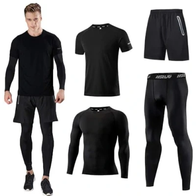 Afbeelding van Holure Sporthardloopset voor heren, set van 4 stuks, atletisch shirt, kort/compressieshirt + broek, huidtrainingspak, gympakken, verpakking: zwart, S