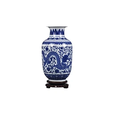 Afbeelding van fanquare Jingdezhen Blauw en wit porselein bloemenvaas, kleine handgemaakte draak keramische vaas, decoratieve hoogte 30 cm