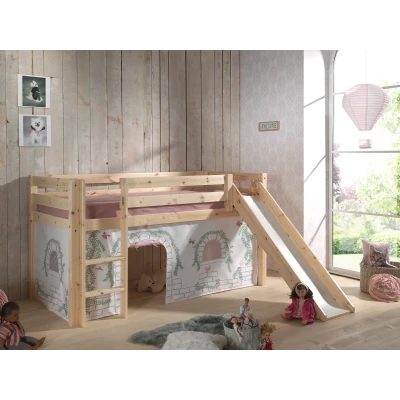 Afbeelding van LUCEVI Pino Halfhoogslaper + Ladder Glijbaan Birdy Gordijntjes Bruin 90x200 cm
