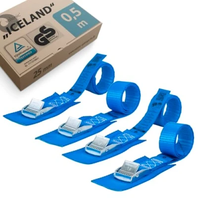 Afbeelding van valonic ICELAND 4x 0,5m korte spanbanden, 25mm, 250Kg, gewatteerd, TÜV Rheinl. / GS gecertificeerd, EN 12195 2 spanband met klemslot voor fietsendrager, fiets, kajak, kort, blauw, 50cm