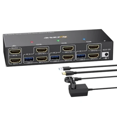 Afbeelding van USB3.0 KVM Switch 3 PC 2 Monitore 4K@60Hz EDID Emulator, HDMI 2K@120Hz für Teilen sich Monitors und 4 Geräte,Support Extended &amp; Copy Mode, mit USB Kabel+Desktop Controlle