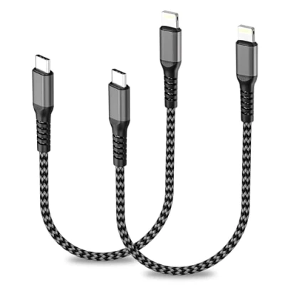 Afbeelding van USB C Lightning kabel 0,3 m, set van 2 [MFi gecertificeerd], iPhone nylon snel opladen oplader voor 14/13/12/11/X/8/SE, iPad, AirPods