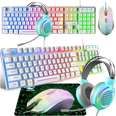 Afbeelding van Toetsenbord, Headset &amp; Muis Set voor Gaming, 104 Toetsen Rainbow Backlit Toetsenbord + 2400 DPI 7.1 Surround RGB Lichtgewicht Honingraat Koptelefoon Muismat Combinatie PS4 XBox, Wit