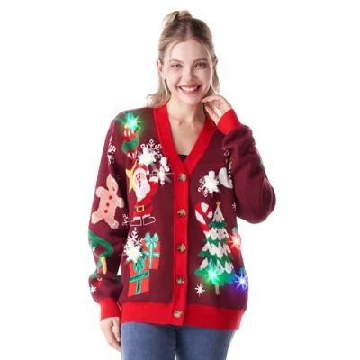 Afbeelding van Giggling Getup Ugly Sweater Cardigan voor dames, gebreide kersttrui met ledverlichting, Rudolph rendier, geïntegreerde gloeilampen, rood, L