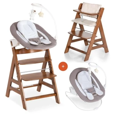 Afbeelding van hauck Kinderstoel Alpha Plus Newborn Set Deluxe 5 delige Houten Meegroeistoel vanaf de Geboorte incl. Wipstoeltje, Zitkussens, Speelmobiel en Gordel Walnut
