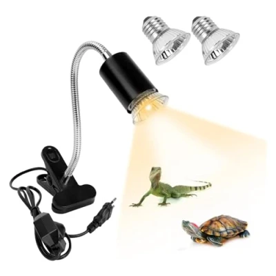 Afbeelding van Verwarmingslamp schildpad, met 2 lampen (50 W UVA/UVB lamp) en thermometer, E27 fitting, lamp klem, 360 graden draaibaar, verstelbaar, voor reptielen amfibieën, slang,