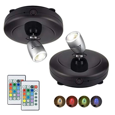 Afbeelding van HONWELL Led spot draadloze plafondspot met afstandsbediening, wandlamp, werkt op batterijen, dartbord, verlichting, timer, plafondspot, draaibaar licht, kop voor spiegelschilderen, zwart, 2 stuks
