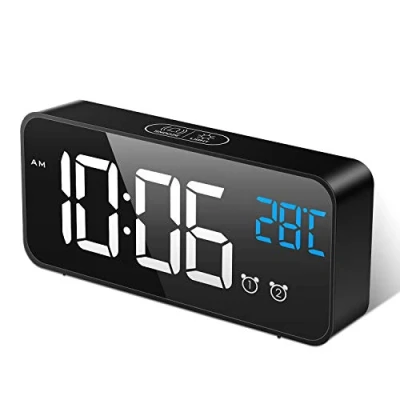 Afbeelding van MOSUO LED digitale wekker, oplaadbare spiegelwekker met temperatuurweergave, sluimerfunctie, niet tikkend, instelbaar volume en helderheid, 2 alarmen 13 muzieknummers, zwart