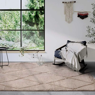 Afbeelding van Elle Decor ation Perrotin Hoogpolig tapijt, modern woonkamertapijt, loper, langpolig shaggy, patroon, wollig, zacht, boho tapijt voor woonkamer, slaapkamer, beige, 80 x 240 cm