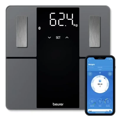 Afbeelding van Beurer BF 500 Super Black Edition Personenweegschaal Uitgebreide lichaamsanalyse Veiligheidsglas Bluetooth® &#039;beurer HealthManager Pro&#039; app Tot 180 kg XL Magic LED display 8 Gebruikersgeheugen Incl. batterijen 5 Jaar garantie