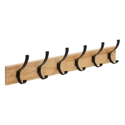Afbeelding van 5Five Kapstok rek voor wand/muur lichtbruin/zwart 6x ophanghaken MDF/metaal 58 x 8 cm Kapstokken