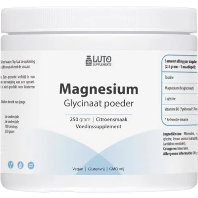 Afbeelding van magnesium Glycinate poeder 250 gram Glycinaat / Bisglycinaat Met Citroen smaak Hoogste kwaliteit Luto Supplements