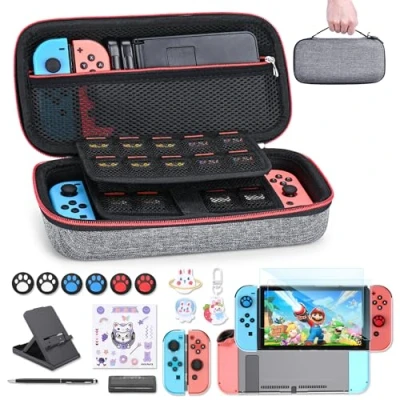 Afbeelding van Switch Case voor NS 18 in 1 Accessoires Bundel met Draagtas, Game Case, Screen Protector, Stand, Duimgrepen (Grijs)