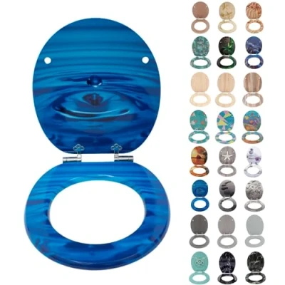 Afbeelding van SINOBATH wc bril met softclosemechanisme, hoogwaardige en stabiele antibacteriële toiletten, MDF houten kern, kwaliteit, eenvoudige montage, deksel, bril, marineblauw