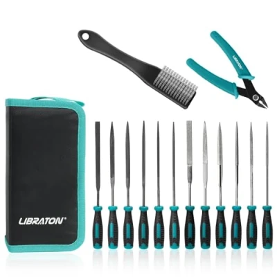 Afbeelding van Libraton Naaldvijl, Diamond Needle File Set, 14 stuks kleine vijlset, 6 diamantvijlen en koolstofstalen vijlen met draadsnijder, staalborstel, draagtas, juweliersvijlgereedschap voor zacht metaal,