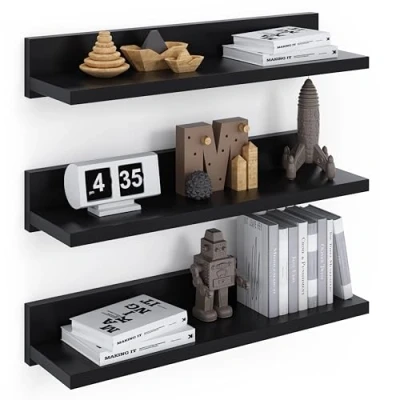 Afbeelding van ComfortCove Zwevende Wandplank 39cm, Plank, 3 Zwart Planken Geschroefd, Hangende Wandplank, Set van voor Slaapkamer, Badkamer, Woonkamer, Keuken, Thuiskantoor.