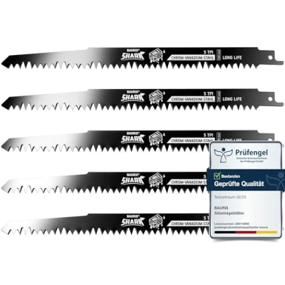 Afbeelding van BAURIX® Reciprozaagbladen hout SHARK® [5 Stuks] 240 mm 5 TPI Houtzaagbladen voor snelle en zuivere zaagsneden Zaagbladen ruw hout, vochtig brandhout, loofhout