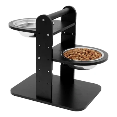 Afbeelding van Elevated Bamboo Raised Dog Bowl Feeder Stand with 2 Stainless Steel Bowls 5 Level Adjustable
