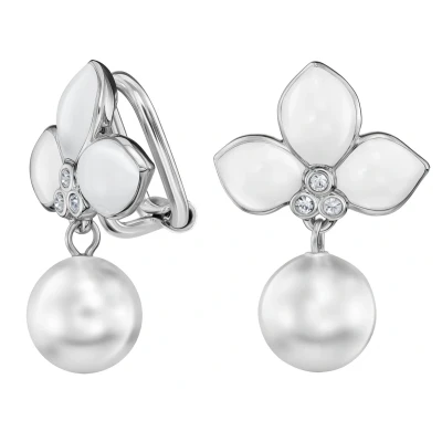 Afbeelding van Traveller Clip Oorbellen Oorclips Dames Hanger Zilverkleurig Parels Wit 10 mm Kristal email Geplatineerd Bloem 114261