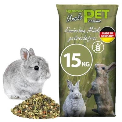 Afbeelding van Eggersmann Uncle Pet Premium Konijnmuesli, graanvrij, 15 kg, konijnenvoer met groenten, grassen en luzerne, ondersteunt de spijsvertering tandslijtage, graanvrij voer voor dwergkonijnen