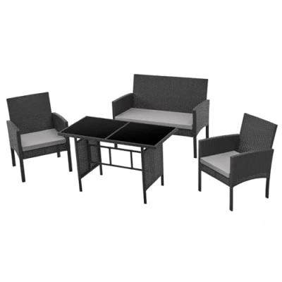 Afbeelding van SVITA BROOKLYN XL rotan eetgroep, tuinmeubelset met tafel, 2 stoelen, zitsbank, zwart