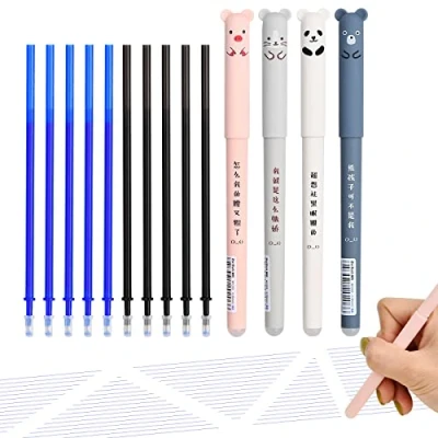 Afbeelding van Joyan 4 stuks uitwisbare gelpen, 0,35 mm, uitgumbare balpen, grappige scholierenbalpen met 10 vullingen, kantooraccessoires, schoolspullen (zwart, blauw)