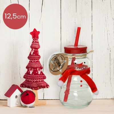 Afbeelding van Rode glazen limonadebeker kerst sneeuwpop met rietje en sjaal Ø7,5 x 12,5 cm
