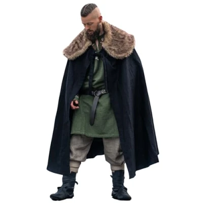 Afbeelding van Leonardo Carbone® Unisex Vikingcape Janne met kunstbont middeleeuwse kleding dames en heren, cape mannen, hobbit kostuum, LARP kleding, Vikingen, cosplay Halloween, carnaval, zwart,