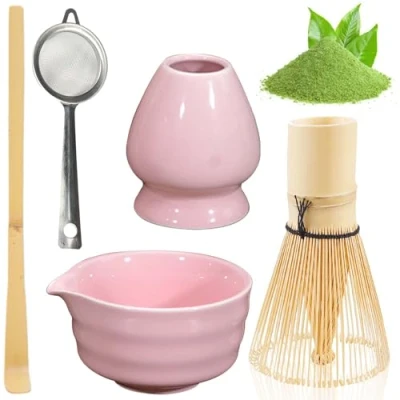 Afbeelding van BAIFULAI matcha theeset, 5 delige sneeuwbezemset van keramiek, Japanse kom, gardehouder, zeef, accessoires voor ceremonie (roze)