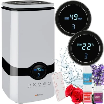 Afbeelding van Ruhhy Luchtbevochtiger met hygrometer, ionisator, aromadiffuser, etherische oliën, lavendel, zeebries, rozengeur, wit, 22739