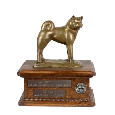 Afbeelding van Art Dog Custom Sitting Statue Memorial Urn Handgemaakt koud gegoten brons op berkenhouten voet 8,3x11,4x8,7 5l Akita Inu