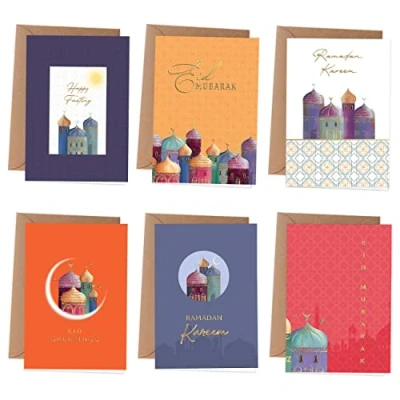 Afbeelding van Papierdrachen 6 gevouwen kaarten voor Ramadan wenskaarten als inclusief envelop Eid groeten aan de familie stijlvol ontwerp motief kleurrijk &amp; goudfolie set 2