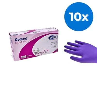 Afbeelding van Romed nitril handschoenen paars (heavy duty) 1000 stuks Set van 10 doosjes XS